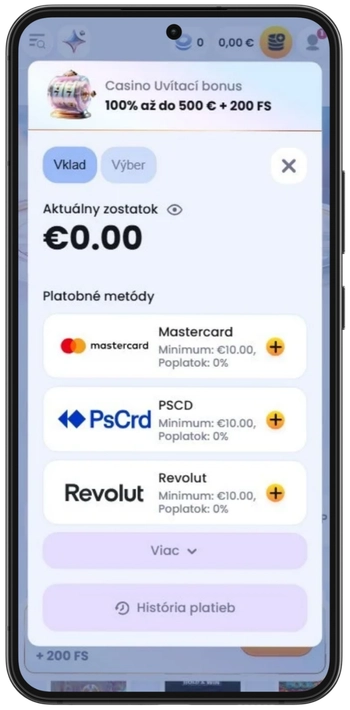 Vloženie vkladu cez kartu alebo Paysafecard